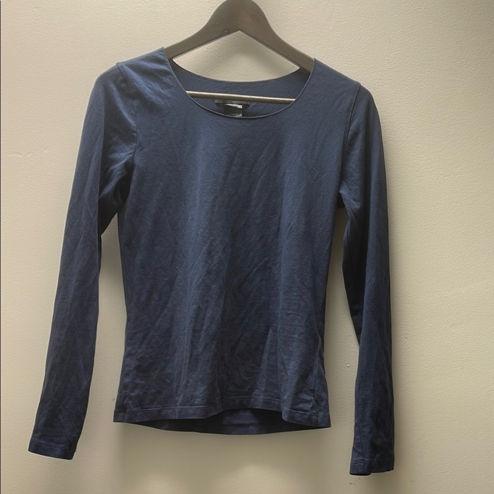 Blue Fitted Long Sleeve Blouse with Scoop Neckline